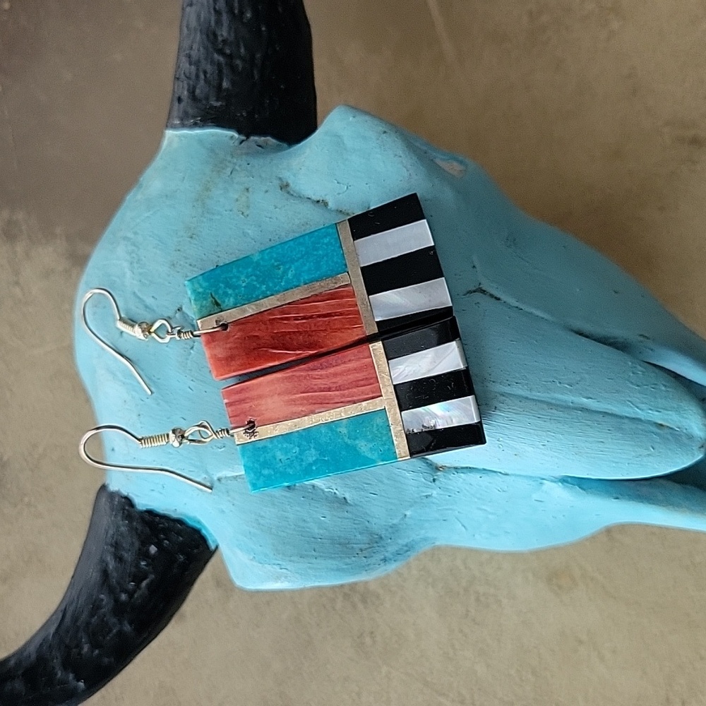 Santo Domingo Pueblo Turquoise Spiny Oyster Inlaid Dangle Earrings Southwestern - Picture 4 of 9